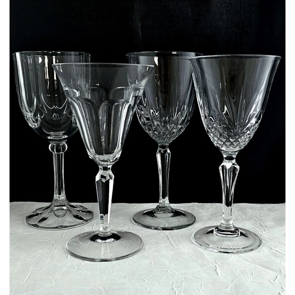 4 Mismatched Cut Glass Wine Glasses glassware vintage mixed glass water goblets